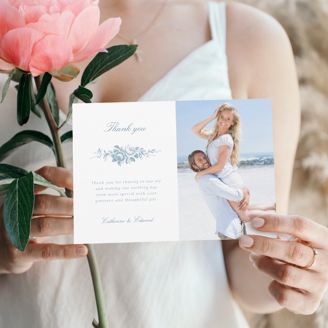 Classic Elegantes Blau-Weiß-Foto Dankeskarte (Von Creator hochgeladen)