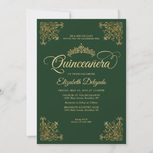 Classic Emerald Green Gold Frame Tiara Quinceanera Einladung