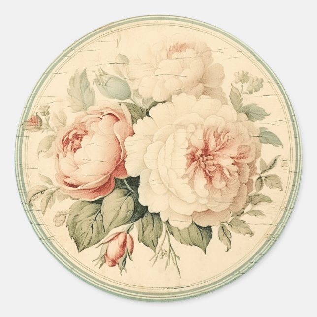 Classic Ephemera, Pink & Green Shabby Chic Runder Aufkleber (Vorderseite)
