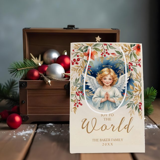 Classic Exquisite Christmas Victorian Angel Xmas Mittlere Geschenktüte (Classic Romantic Exquisite Christmas Angel with Flowers Victorian-Themed Inspired Christmas.)