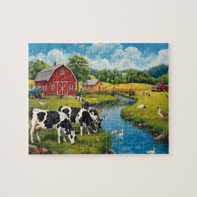 Classic Farm Scene Cows Red Barn (Horizontal)