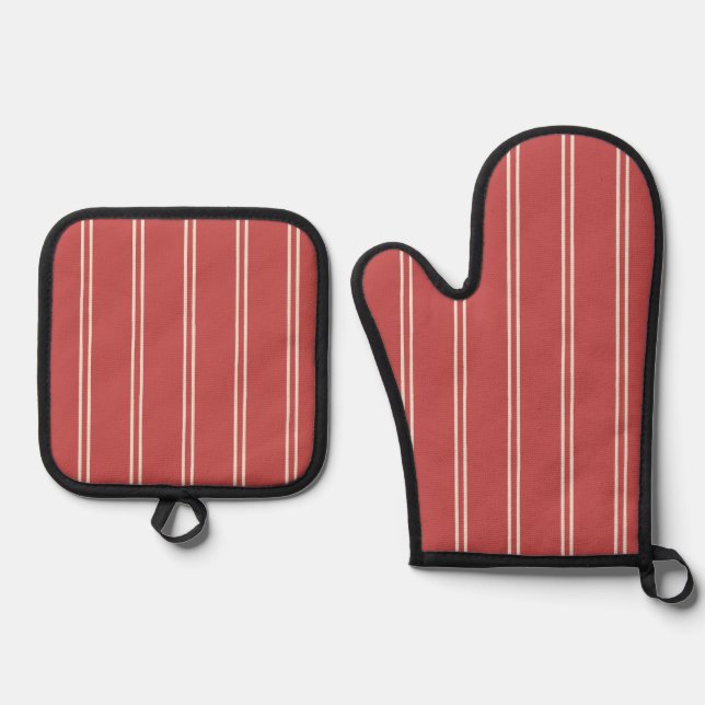 Classic Farmhouse Ticking Stripe | Faded Rust Red Ofenhandschuh & Topflappen-Set (Vorderseite)