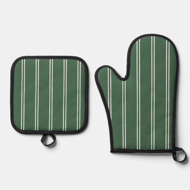 Classic Farmhouse Ticking Stripe | Forest Green Ofenhandschuh & Topflappen-Set (Vorderseite)