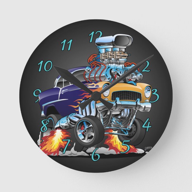 Classic Fifties Frisierte Auto Muscle Car Cartoon Runde Wanduhr (Vorderseite)