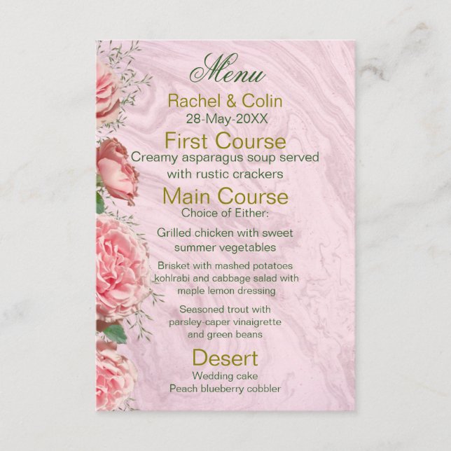 Classic Floral Blush Green Menu Mariage (Devant)