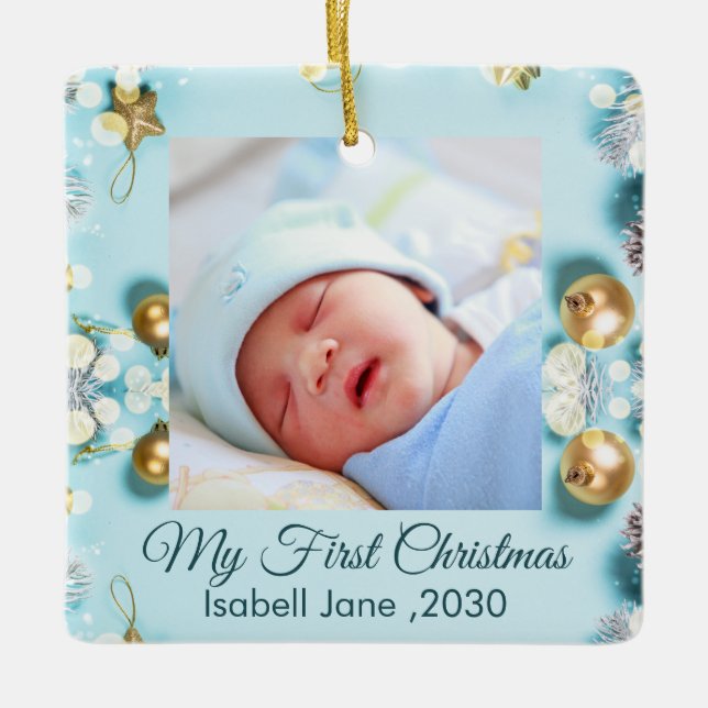 Classic Floral Frame Baby's First Christmas Keramikornament (Vorderseite)
