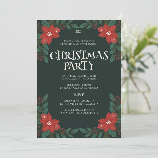 "Classic Floral Frame Christmas Party Einladung (Stehend Vorderseite)