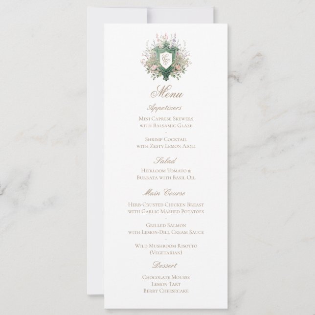 Classic Floral Monogram Crest Wedding Menu Card (Devant)