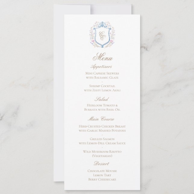 Classic Floral Monogram Crest Wedding Menu Card (Devant)