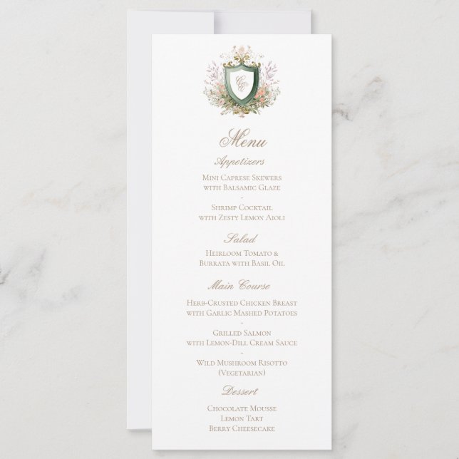 Classic Floral Monogram Crest Wedding Menu Card Save The Date (Vorderseite)