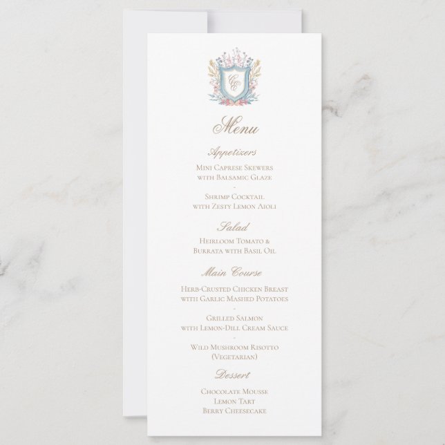 Classic Floral Monogram Crest Wedding Menu Card Save The Date (Vorderseite)