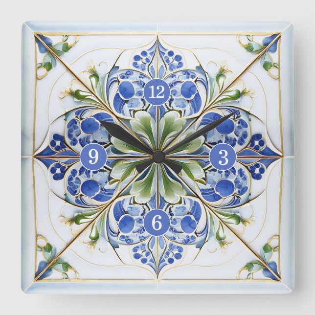 Classic Floral Tile Pat#13 Blue Green ID1078 Quadratische Wanduhr (Vorderseite)
