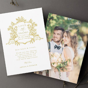 Classic Floral Wappen Gold Wedding Foto Dankeskarte