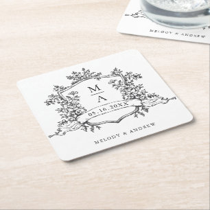 Classic Floral Wappen Wedding Black and White Rechteckiger Pappuntersetzer