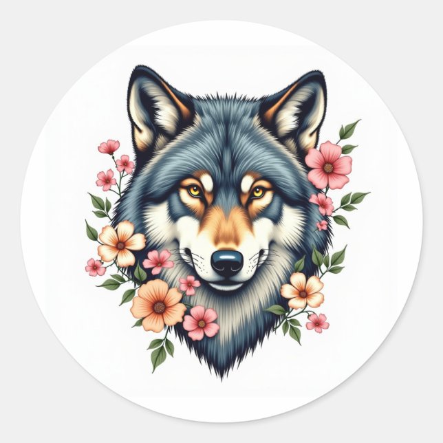 Classic Floral Wolfs Head Round Stickers (Vorderseite)