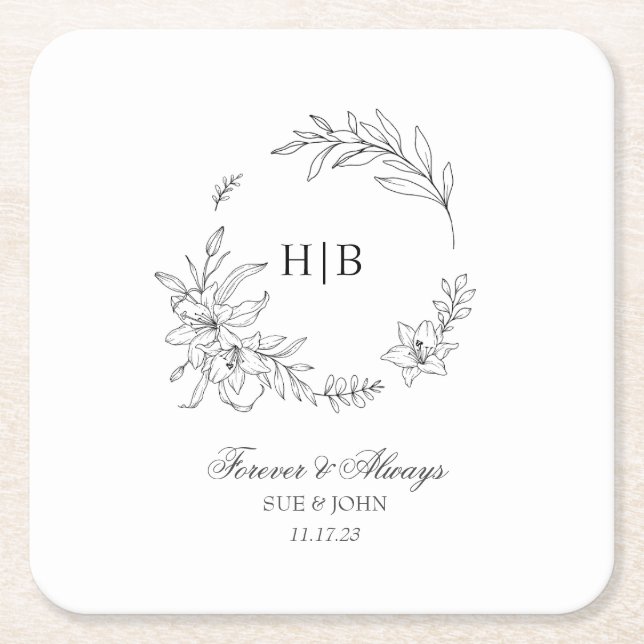 Classic Floral Wreath Monogram Wedding Rechteckiger Pappuntersetzer (Vorderseite)