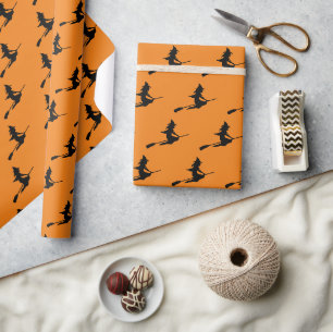 Classic Flying Witz auf Broom Black und Orange Geschenkpapier