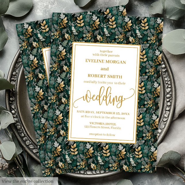 Classic Forest Green Gold Foliage Wedding Einladun Einladung (Classic Forest Green Gold Foliage Wedding Invitation)