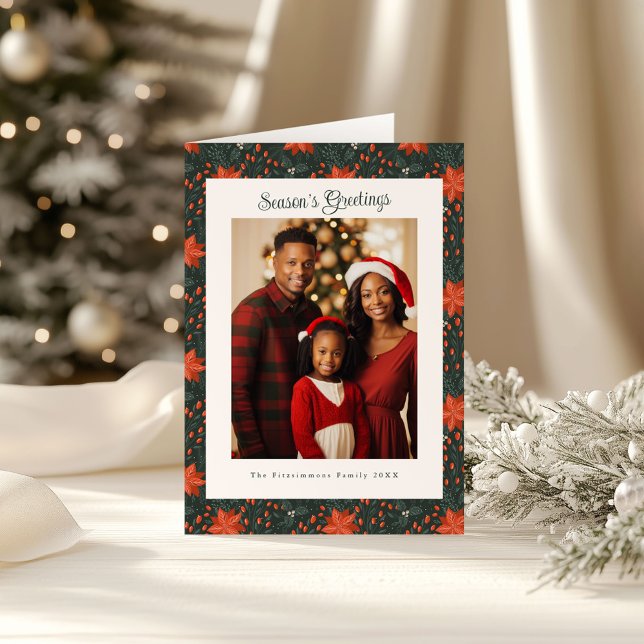 Classic Forest Green Poinsettia Foto Weihnachten Karte (Poinsettia Season Folded Christmas Card forest green)