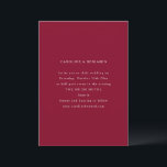 Classic Formal Burgundy Minimalist Wedding Einladung<br><div class="desc">This wedding invitation features refined serif typography set against a rich burgundy background for a timeless, formal feel. The deep tone paired with balanced spacing creates an elegant impression ideal for evening celebrations and classic venues. Designed to coordinate seamlessly across a full wedding stationery suite, this style brings a polished,...</div>