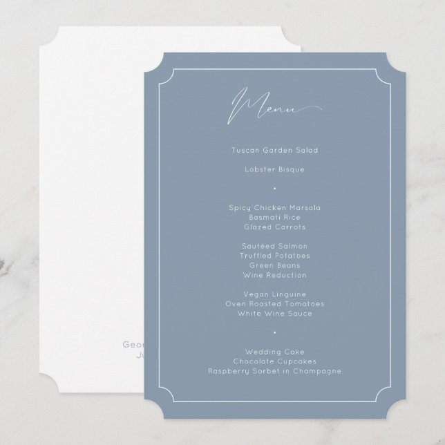 Classic Formal Calligraphy Dusty Blue Wedding Menükarte (Vorne/Hinten)