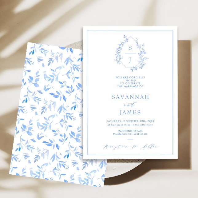 Classic Frame Foliage Blue Wappen Wedding Einladung (Classic Blue Crest Wedding Invitation, Blue Monogram Wedding Invitation, Watercolor Foliage Crest)