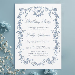 Classic French Blue Floral 80. Geburtstagsparty Einladung