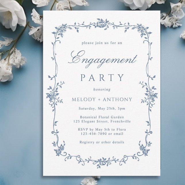 Classic French Blue Floral Engagement Party Einladung (Von Creator hochgeladen)
