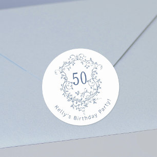 Classic French Blue Floral Wappen 50. Geburtstag Runder Aufkleber