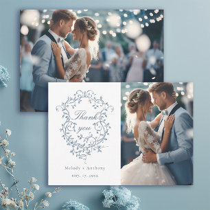 Classic French Blue Floral Wappen Hochzeit 2 Foto Dankeskarte