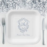 Classic French Blue Floral Wappen Sweet 16 Birthda