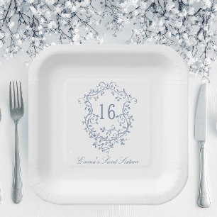 Classic French Blue Floral Wappen Sweet 16 Birthda Pappteller