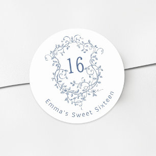Classic French Blue Floral Wappen Sweet 16 Birthda Runder Aufkleber