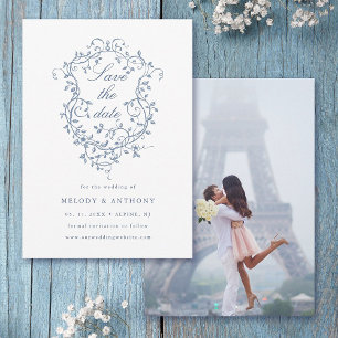 Classic French Blue Floral Wappen Wedding Foto Save The Date