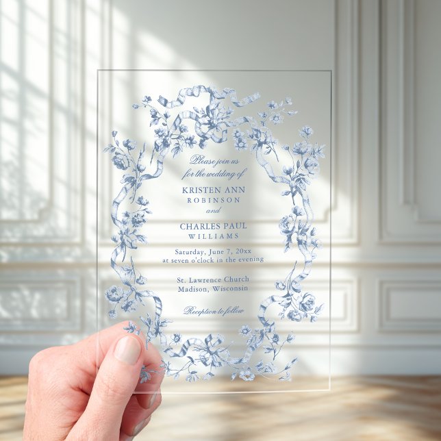 Classic French Blue Flowers & Ribbons Wedding Acryleinladungen (Von Creator hochgeladen)