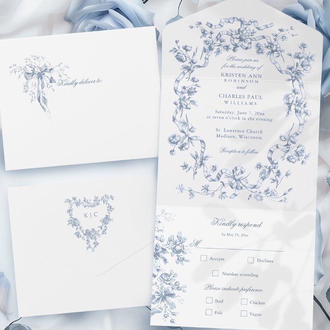 Classic French Blue Flowers & Ribbons Wedding All In One Einladung (Von Creator hochgeladen)