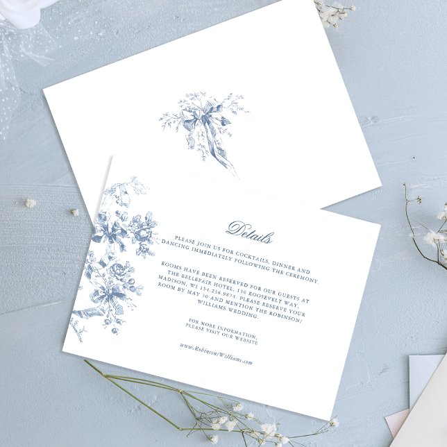 Classic French Blue Flowers & Ribbons Wedding Begleitkarte (Von Creator hochgeladen)