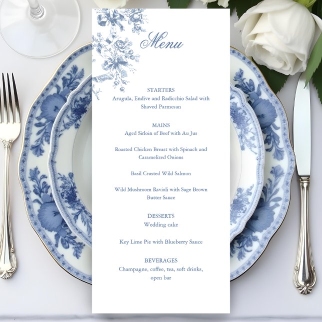 Classic French Blue Flowers & Ribbons Wedding Menükarte (Von Creator hochgeladen)