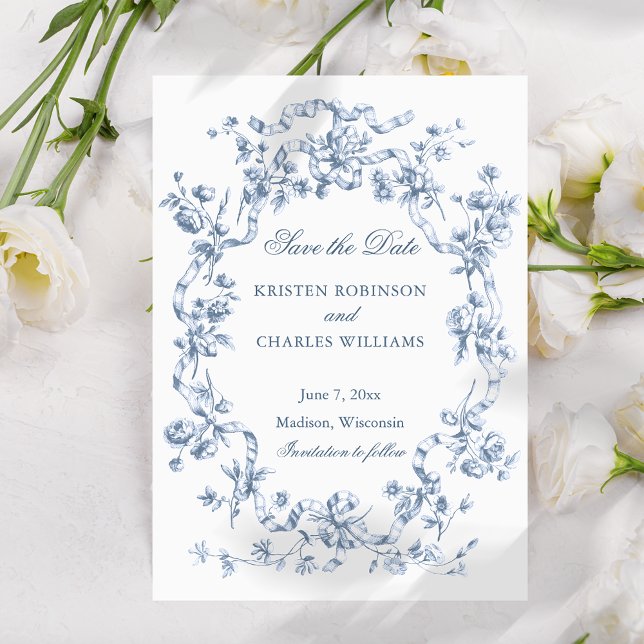 Classic French Blue Flowers & Ribbons Wedding Save The Date (Von Creator hochgeladen)