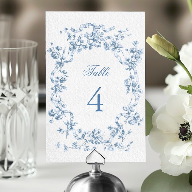 Classic French Blue Flowers & Ribbons Wedding Tischnummer (Von Creator hochgeladen)