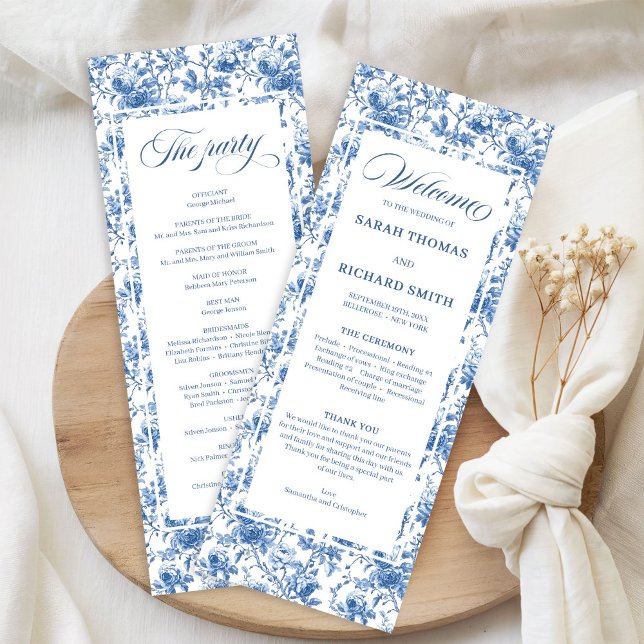 Classic French Blue Roses Toile Wedding Program Programm (Classic French Blue Roses Toile Wedding Program)