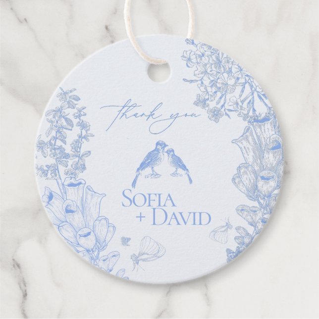Classic French Blue White Floral Birds Wedding  Geschenkanhänger (Vorderseite)