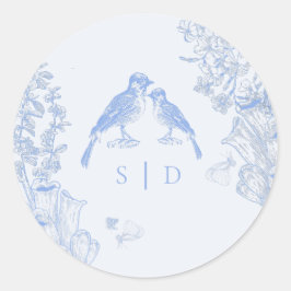 Classic French Blue White Floral Birds Wedding  Runder Aufkleber