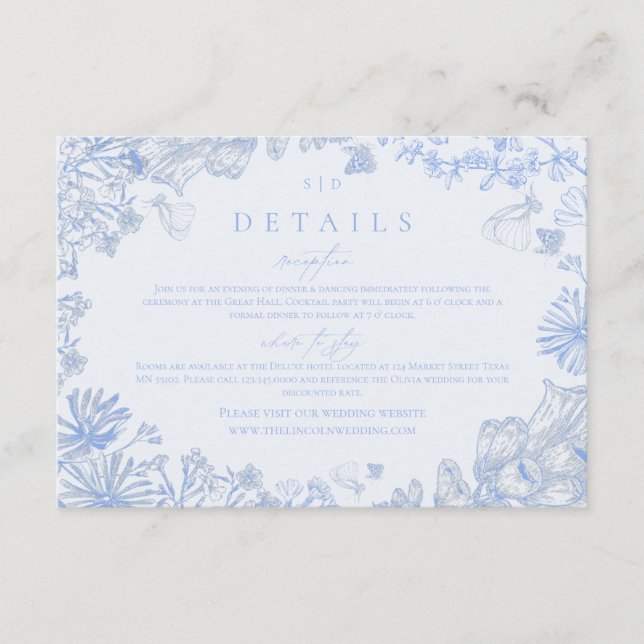 Classic French Blue White Floral Wedding Enclosure Begleitkarte (Vorderseite)
