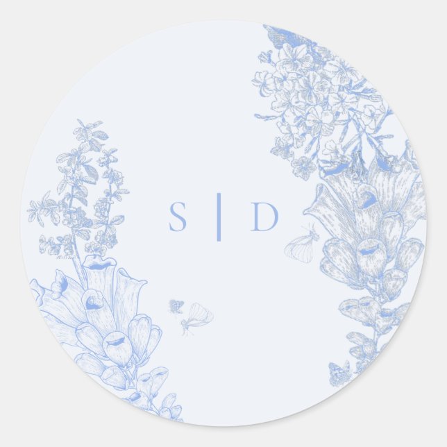 Classic French Blue White Floral Wedding Enclosure Runder Aufkleber (Vorderseite)