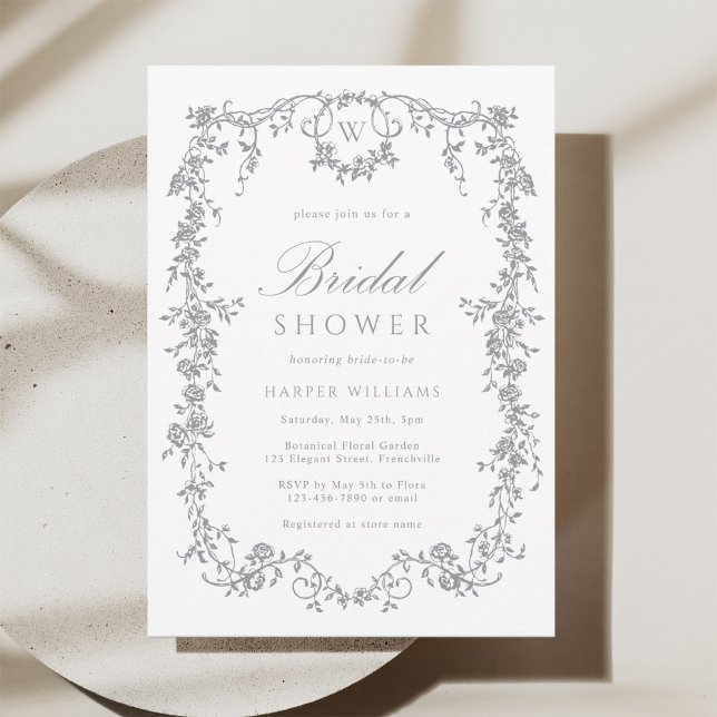 Classic French Floral Gray Bridal Shower Einladung (Von Creator hochgeladen)