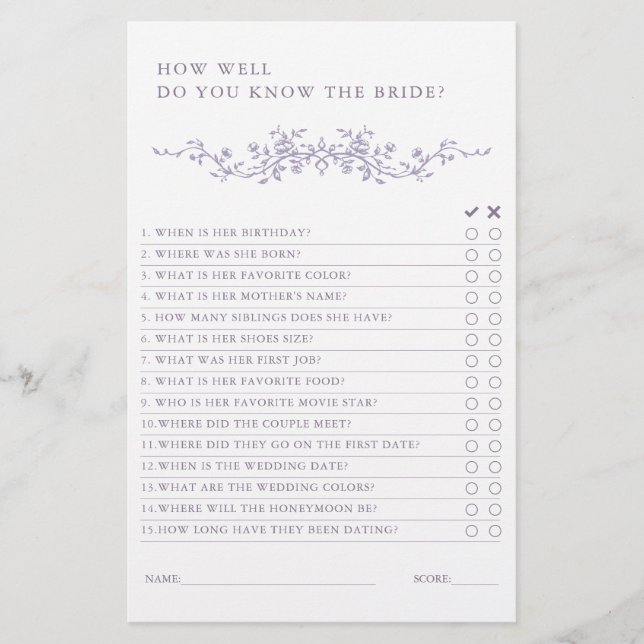 Classic French Lavender Bridal Shower Game  (Vorderseite)