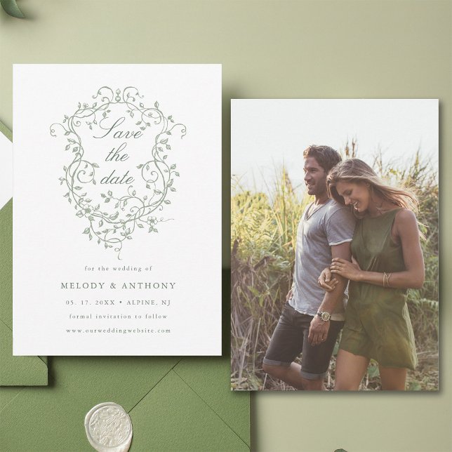 Classic French Sage Green Floral Wappen Foto Save The Date (Front & Back)