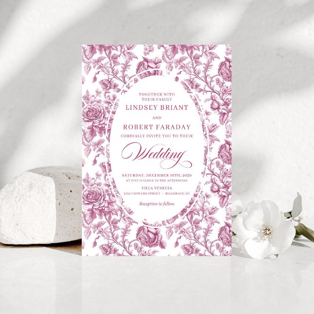 Classic French Toile Roses Pink Wedding Invitation Einladung (Classic French Toile Roses Pink Wedding Invitation)