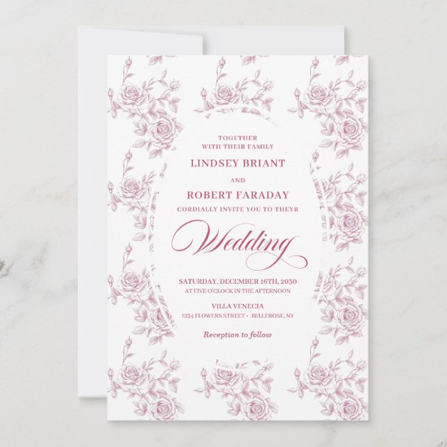 Classic French Toile Roses Wedding Invitation (Devant)